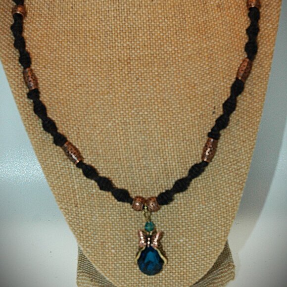 Teardrop Blue Topaz Colored Butterfly on a 22 1/4" Handmade Black Hemp Chain - Picture 3 of 7